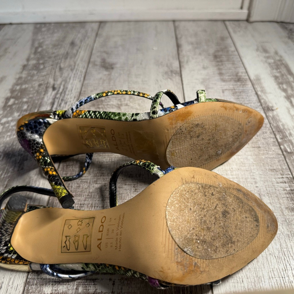 ALDO Women’s Strappy Heels Multi-Color Snakeskin Print Size 8.5 Open Toe Stilett - Picture 5 of 6